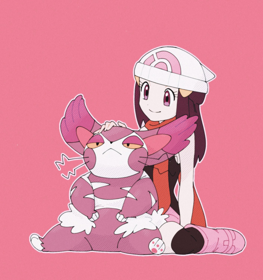 1girl beanie boots closed_mouth dawn_(pokemon) eyelashes hair_ornament hairclip hat headpat highres hungry_seishin long_hair orange_scarf outline over-kneehighs pink_background pink_footwear pokemon pokemon_(creature) pokemon_(game) pokemon_dppt purple_eyes purugly scarf sidelocks simple_background sitting smile thighhighs white_headwear