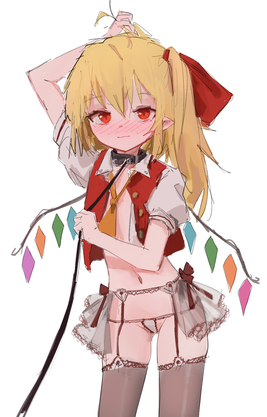 1girl :3 animal_collar arm_behind_head arm_up ascot ass_visible_through_thighs bangs black_collar black_legwear blonde_hair blush bow closed_mouth collar contrapposto cowboy_shot cropped_shirt eyebrows_visible_through_hair flandre_scarlet garter_belt groin hair_between_eyes hair_bow hand_up highres holding holding_leash lace-trimmed_legwear lace_trim leash light_smile lingerie long_hair looking_at_viewer lowleg lowleg_panties micro_panties microskirt midriff navel no_hat no_headwear no_pants one_side_up open_clothes open_shirt open_vest panties partially_visible_vulva pleated_skirt pointy_ears puffy_short_sleeves puffy_sleeves red_bow red_eyes red_vest reddizen see-through sheer_clothes shirt short_sleeves showgirl_skirt simple_background sketch skindentation skirt solo standing stomach string_panties thighhighs touhou unbuttoned undershirt underwear vest viewer_holding_leash white_background white_panties white_shirt wing_collar wings yellow_ascot