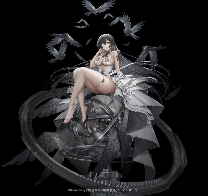 1girl animal armillary_sphere bangs bare_shoulders barefoot between_toes bird black_background black_bow black_dress black_eyes bow breasts constellation cross crow dress earrings eyepatch feathers flock flower gears glint hair_between_eyes hand_up highres hoop_earrings iron_saga jewelry large_breasts long_hair looking_at_viewer official_art one_eye_covered plantar_flexion revealing_clothes ribbon see-through sidelocks simple_background sitting sitting_on_object sleeveless sleeveless_dress solo thigh_strap very_long_hair white_bow white_dress white_eyepatch white_flower white_ribbon zjsstc