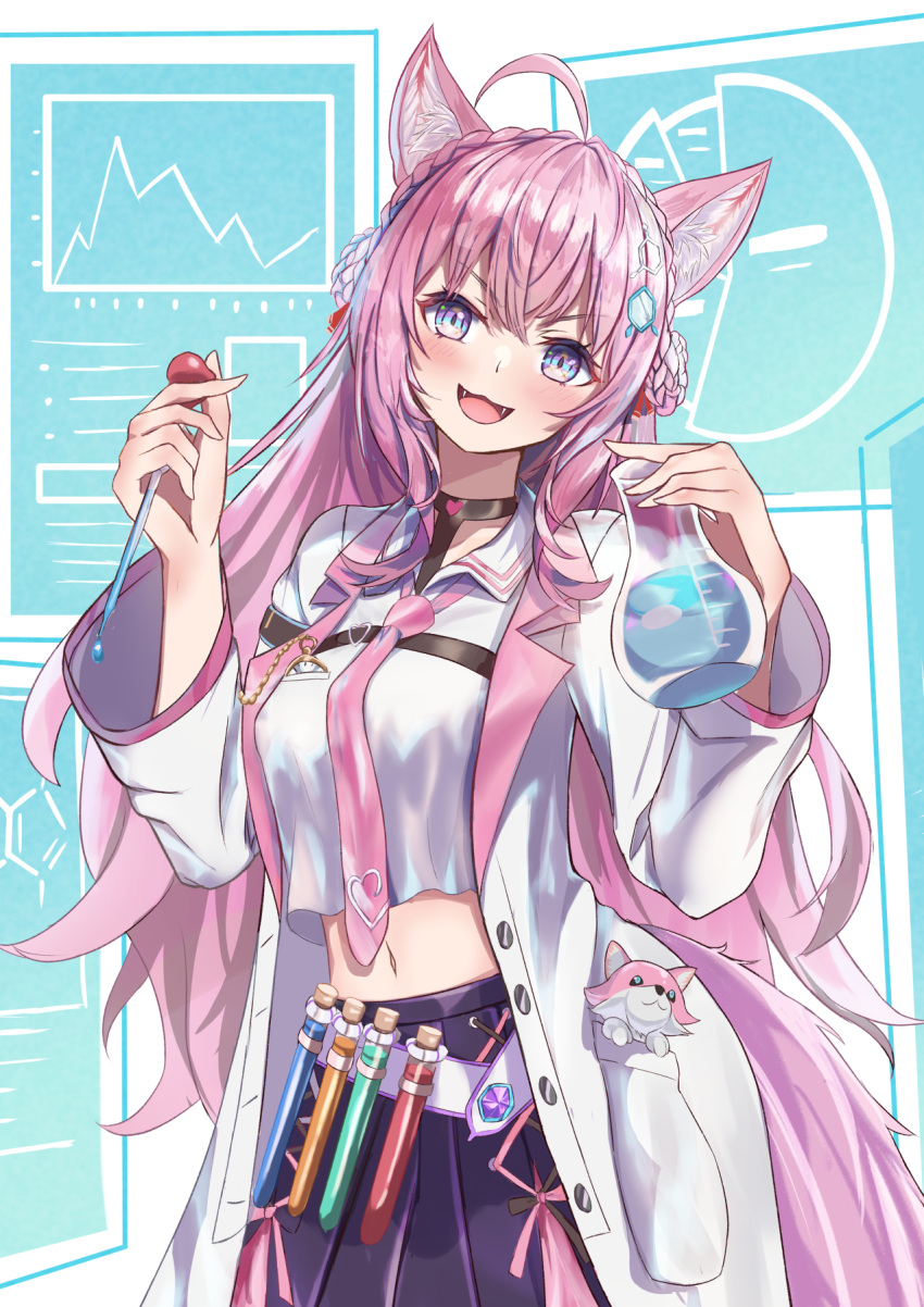 1girl ahoge antenna_hair belt braid breast_pocket breasts cartesian_chart chain chemical_structure chemicals coat collared_shirt commentary_request cowboy_shot coyote_ears coyote_girl coyote_tail cropped_shirt crown_braid fangs flask graph hakui_koyori highres holding holding_flask holding_pipette holographic_interface hololive labcoat long_hair long_sleeves looking_at_viewer medium_breasts midriff navel necktie open_mouth oramustat pie_chart pink_hair pink_necktie pleated_skirt pocket pocket_watch purple_eyes purple_skirt shirt skirt sleeves smile solo test_tube virtual_youtuber watch white_belt white_coat white_shirt