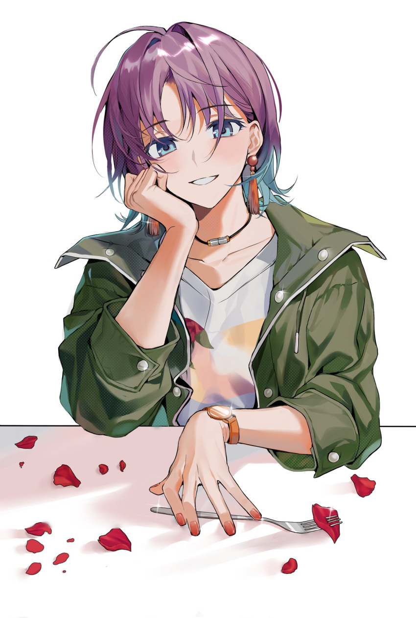 1girl :d ahoge asakura_tooru blue_hair clenched_hand collarbone ears eyebrows_visible_through_hair flower fork glint gradient_hair green_jacket halftone_texture hand_on_own_cheek hand_on_own_face head_rest head_tilt highres idolmaster idolmaster_shiny_colors jacket looking_at_viewer multicolored_hair nail_polish parted_lips petals print_shirt purple_eyes rose shio_(shiooommm) shirt short_hair simple_background smile solo upper_body watch white_background wristwatch