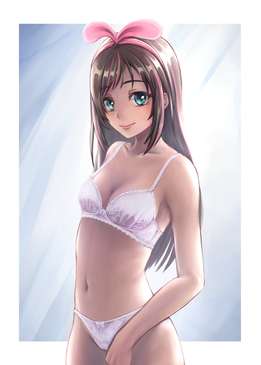 1girl absurdres aira_(qwedcxza49) blue_eyes blush border bra breasts brown_hair cleavage closed_mouth collarbone hairband highres kizuna_ai kizuna_ai_inc. long_hair looking_at_viewer multicolored_hair navel panties pink_hair pink_hairband shiny shiny_hair small_breasts smile solo standing two-tone_hair underwear underwear_only virtual_youtuber white_border white_bra white_panties