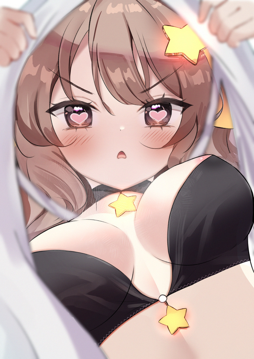 1girl annytf anyuu bangs black_choker blush breasts brown_eyes brown_hair choker dress extended_upskirt eyebrows_visible_through_hair fang from_below glowing hair_ornament heart heart-shaped_pupils highres indie_virtual_youtuber looking_at_viewer looking_down medium_breasts parted_lips solo star_(symbol) star_choker star_hair_ornament symbol-shaped_pupils upskirt v-shaped_eyebrows virtual_youtuber white_dress