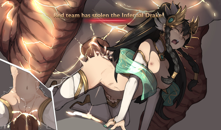 1boy 1girl all_fours anal bare_shoulders bestiality black_hair braid breasts bridal_gauntlets commission cum cum_in_ass detached_collar divine_sword_irelia dragon english_commentary english_text feather_hair_ornament feathers gloves green_nails hair_ornament hetero highres infernal_drake_(league_of_legends) irelia league_of_legends long_hair medium_breasts nail_polish nipples open_mouth penis sex sex_from_behind shuuko_(s_h_uuko) solo_focus teeth thighhighs tongue twin_braids upper_teeth white_gloves white_legwear