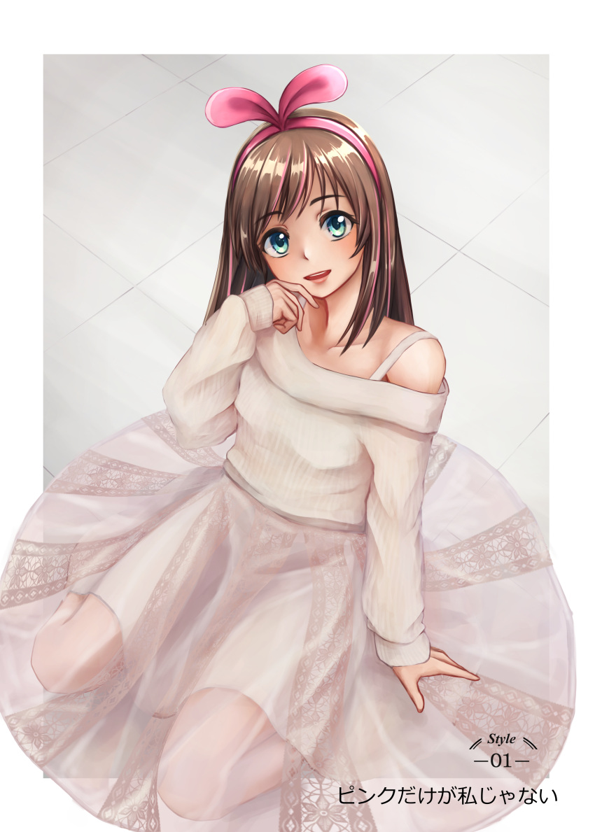 1girl :d absurdres aira_(qwedcxza49) bangs blue_eyes border brown_hair collarbone dress eyebrows_visible_through_hair hairband highres kizuna_ai kizuna_ai_inc. layered_dress leaning_back long_hair long_sleeves looking_at_viewer multicolored_hair off-shoulder_dress off_shoulder pink_hair pink_hairband see-through shiny shiny_hair sitting sleeves_past_wrists smile solo two-tone_hair virtual_youtuber wariza white_border white_dress