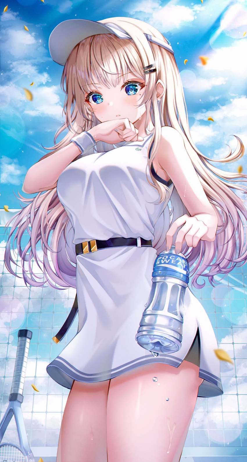 1girl absurdres bare_arms bare_shoulders belt blonde_hair blue_eyes bottle breasts closed_mouth commentary_request cowboy_shot day dress hair_ornament hairclip highres holding korean_commentary long_hair looking_at_viewer medium_breasts mole mole_under_eye original outdoors pocari_sweat racket short_dress sidelocks sleeveless sleeveless_dress solo standing sweat sweatband tennis_net tennis_racket thighs visor_cap water_bottle wet white_dress wol_(wol_927)