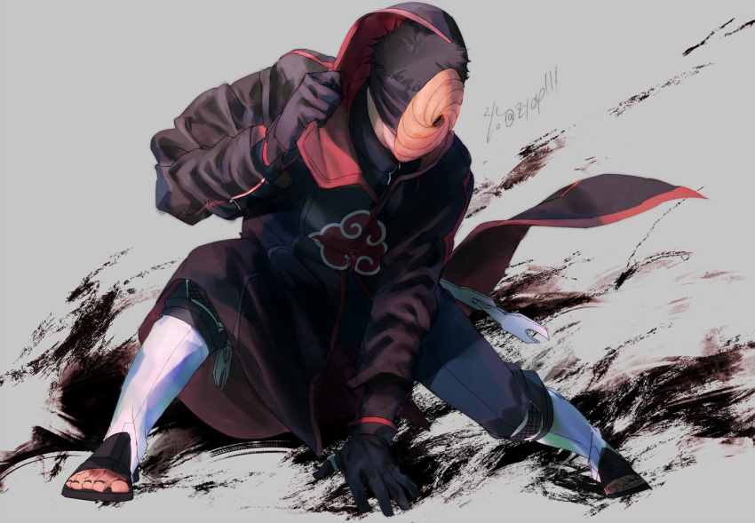 1boy akatsuki_(naruto) akatsuki_uniform black_coat black_gloves black_hair coat dynamic_pose fighting_stance full_body gloves hood hood_up hooded_coat male_focus mask nail_polish naruto_(series) naruto_shippuuden pants solo tobi_(naruto) toeless_footwear toenail_polish toenails weapon zifletts