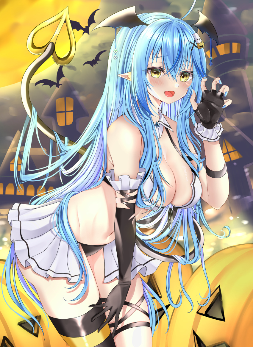 1girl absurdres ahoge animal_ears arm_up bangs bat bat_ears blue_hair blush breasts claw_pose cleavage elbow_gloves elf eyebrows_visible_through_hair fingerless_gloves frilled_gloves frills gloves hair_ornament halloween heart heart_tail highres hololive long_hair looking_at_viewer mintmia11 night open_mouth pointy_ears pumpkin skirt smile solo striped striped_legwear symbol-shaped_pupils tail thigh_strap thighhighs virtual_youtuber x_hair_ornament yellow_eyes yukihana_lamy