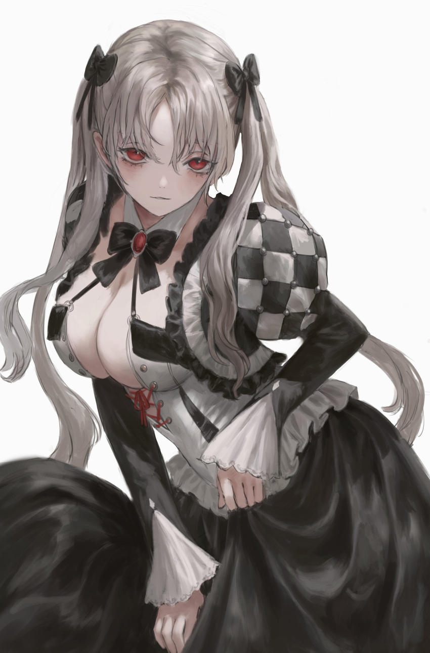 1girl absurdres bow breasts checkered cleavage corset detached_collar dress frills gold_can gothic hair_bow highres large_breasts long_hair original red_eyes solo twintails white_background white_hair
