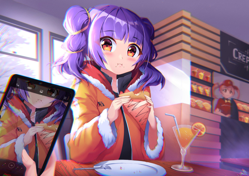 1other 2girls alternate_costume bangs blunt_bangs cellphone closed_mouth contemporary crepe cup drink drinking_glass drinking_straw eating eyebrows_visible_through_hair fire_emblem fire_emblem:_the_sacred_stones food food_on_face fork fur_trim hataraku_maou-sama! highres holding holding_food holding_phone indoors jacket long_hair looking_at_viewer multiple_girls myrrh_(fire_emblem) mystic-san no_wings orange_jacket phone plate purple_hair red_eyes sasaki_chiho smartphone twintails wide_sleeves winter