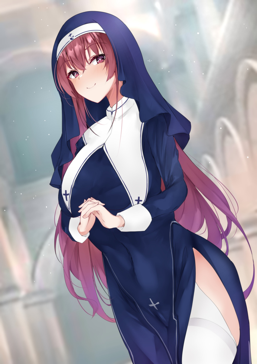 +_+ 1girl blue_dress blush breasts closed_mouth cowboy_shot dress habit hair_down highres hololive houshou_marine interlocked_fingers large_breasts long_hair long_sleeves looking_at_viewer mutou_(94753939) nun own_hands_clasped own_hands_together red_eyes red_hair side_slit smile solo very_long_hair virtual_youtuber white_legwear