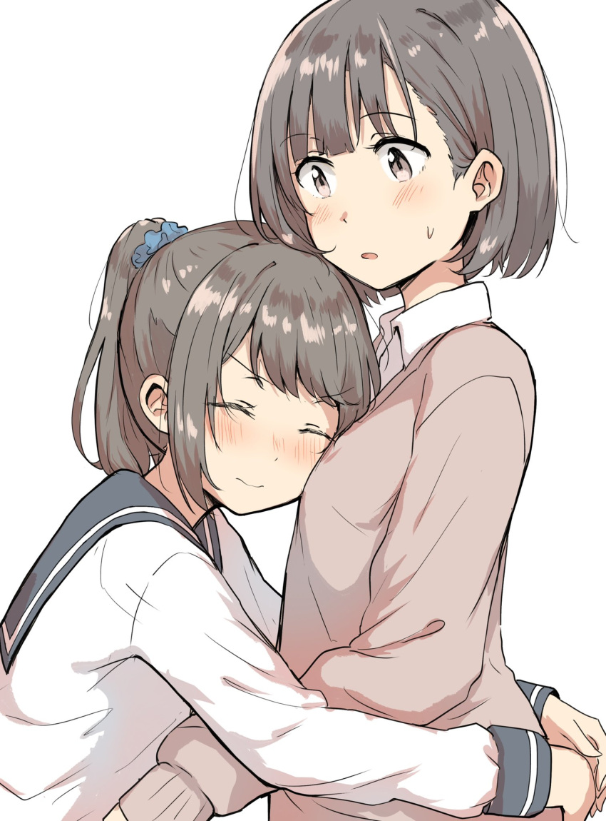 2girls bangs betock blue_scrunchie blunt_bangs blush brown_eyes brown_hair closed_eyes eyebrows_visible_through_hair from_side highres hug long_sleeves medium_hair multiple_girls open_mouth original pink_sweater ponytail sailor_collar school_uniform scrunchie serafuku shirt short_hair sweatdrop sweater upper_body white_shirt