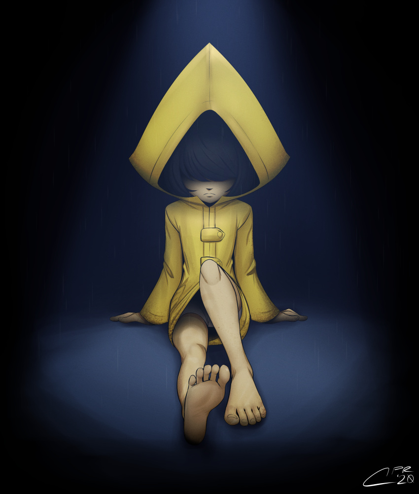 1girl absurdres arm_support artist_name bangs barefoot black_hair bob_cut cabronpr commentary dark dated english_commentary feet frown full_body hair_over_eyes highres hood hood_up knee_up little_nightmares long_bangs long_sleeves no_eyes on_ground raincoat short_hair shorts signature sitting six_(little_nightmares) soles solo spotlight toes white_shorts yellow_raincoat