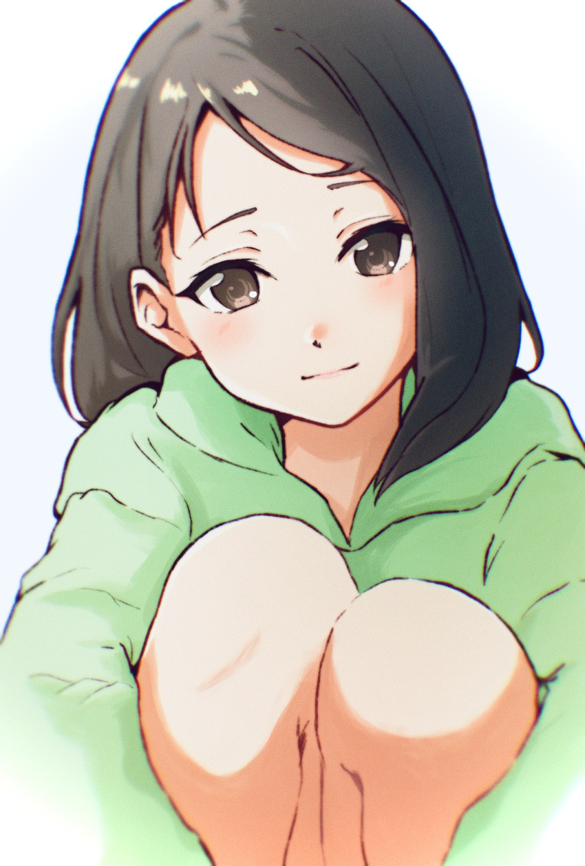 22/7 blue_background blush brown_eyes brown_hair green_hoodie highres hiiragi_tsubomi hood hoodie hugging_own_legs kneepits knees_up laula102 light_blush light_smile looking_at_viewer looking_back medium_hair sitting smile white_background