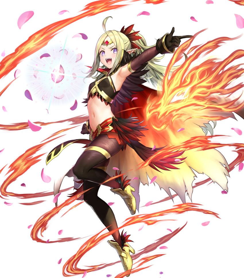 1girl ahoge alternate_costume armpits bangs belt black_gloves blonde_hair cape feather_trim feathers fire fire_emblem fire_emblem_awakening fire_emblem_heroes flat_chest floating floating_object gloves glowing gold_trim gradient gradient_clothes gradient_hair green_hair highres jewelry kousei_horiguchi long_hair midriff multicolored_hair multiple_belts navel nowi_(fire_emblem) official_art open_mouth pantyhose parted_bangs pelvic_curtain petals pointy_ears ponytail purple_eyes solo stomach stone tiara tied_hair transparent_background
