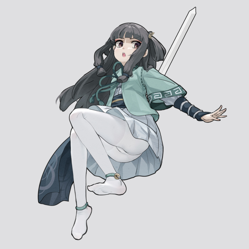 1girl ankle_bell ass bangs bell black_hair brown_eyes eyebrows_visible_through_hair grey_background highres jingle_bell long_hair no_shoes obi open_clothes open_mouth original outstretched_arm pantyhose pleated_skirt sash shirt short_sleeves simple_background skirt soles solo sword too-ye v-shaped_eyebrows very_long_hair weapon white_legwear white_shirt white_skirt wide_sleeves