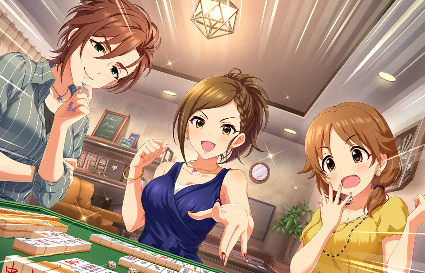 3girls artist_request bangs bare_shoulders blue_nails board_game bracelet braid breasts brown_eyes brown_hair chuuren_poutou cleavage dice dress earrings eyebrows fingernails hyoudou_rena idolmaster idolmaster_cinderella_girls idolmaster_cinderella_girls_starlight_stage indoors jewelry katagiri_sanae kiba_manami long_fingernails low_twintails mahjong mahjong_table mahjong_tile medium_breasts multiple_girls necklace official_art open_mouth parted_bangs ponytail red_nails shirt short_hair short_sleeves smile striped striped_shirt surprised sweatdrop swept_bangs twintails