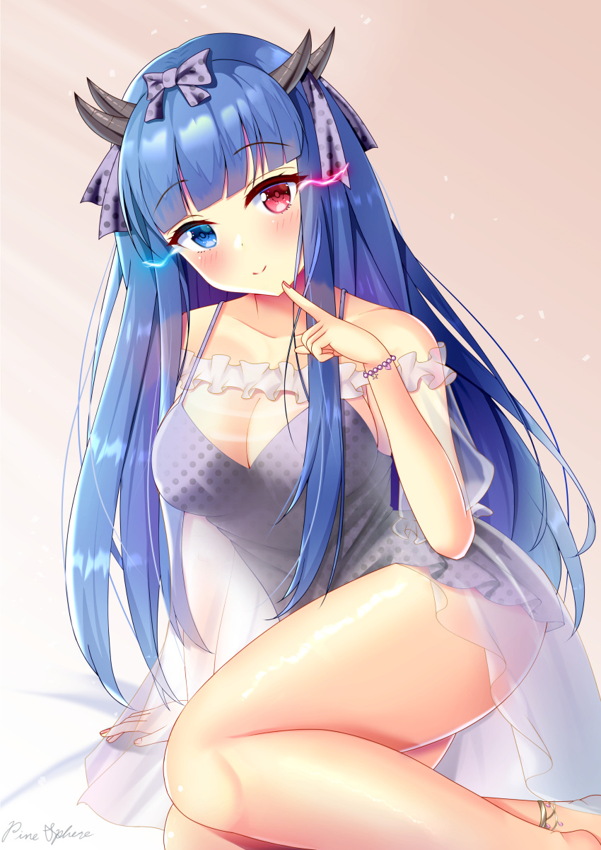 1girl absurdres azur_lane bangs bare_shoulders blue_eyes blue_hair blunt_bangs blush bow bracelet breasts cleavage collarbone dress eyebrows_visible_through_hair finger_to_mouth glowing glowing_eyes hair_bow hair_ribbon heterochromia highres hime_cut horns ibuki_(azur_lane) ibuki_(tranquil_sunya)_(azur_lane) jewelry large_breasts long_hair looking_at_viewer multiple_horns off-shoulder_dress off_shoulder official_alternate_costume pajamas pinesphere purple_nightgown red_eyes ribbon see-through_dress see-through_sleeves signature sleepwear smile solo spaghetti_strap thighs