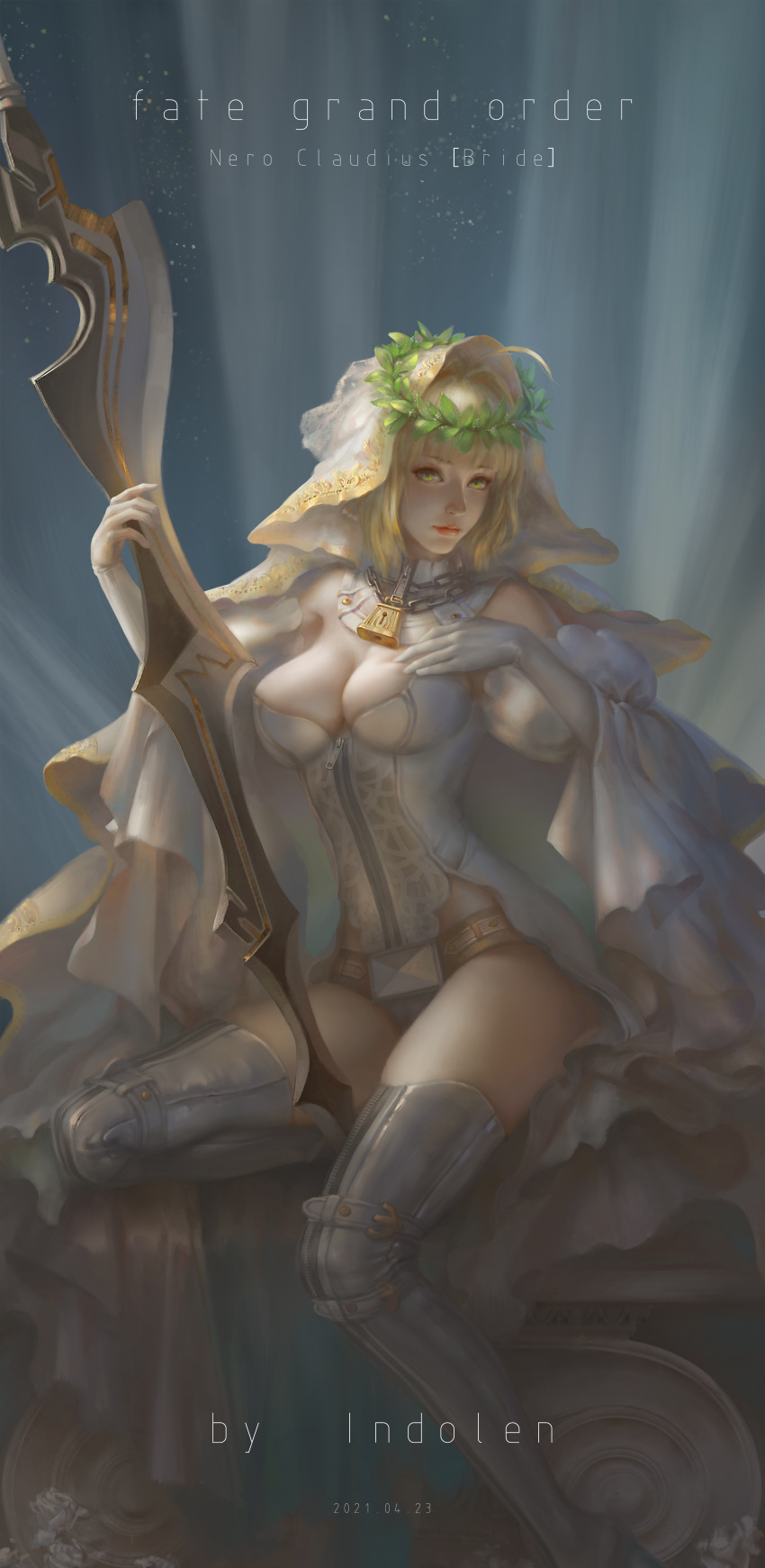 1girl absurdres aestus_estus ahoge artist_name bangs belt blonde_hair breasts bridal_veil chain character_name cleavage commentary copyright_name dated detached_sleeves fate/extra fate/extra_ccc fate/grand_order fate_(series) full-length_zipper green_eyes hand_on_own_chest head_wreath highleg highleg_leotard highres indolen large_breasts leotard lips lock looking_at_viewer medium_hair nero_claudius_(bride)_(fate) nero_claudius_(fate) padlock padlocked_collar puffy_detached_sleeves puffy_sleeves showgirl_skirt solo thighhighs veil white_legwear white_leotard white_sleeves wide_sleeves zipper zipper_pull_tab