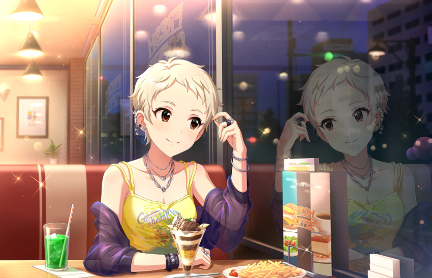 1girl artist_request bangs bare_shoulders blonde_hair blush bracelet breasts brown_eyes cleavage collarbone drink drinking_straw ear_piercing earrings eyelashes fast_food food french_fries idolmaster idolmaster_cinderella_girls idolmaster_cinderella_girls_starlight_stage indoors jewelry necklace night official_art parfait pendant piercing pixie_cut reflection restaurant ring senzaki_ema short_hair sitting smile soda solo table tank_top very_short_hair window