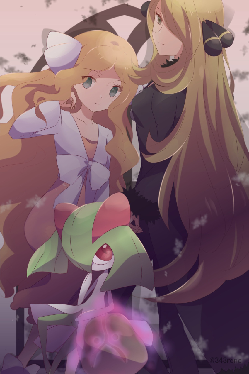 2girls 343rone absurdres black_coat blonde_hair caitlin_(pokemon) closed_mouth coat collarbone commentary_request cynthia_(pokemon) eyebrows_visible_through_hair eyelashes fur-trimmed_coat fur_trim green_eyes grey_eyes hair_ornament hair_over_one_eye hair_ribbon hand_up highres kirlia long_hair long_sleeves looking_at_viewer multiple_girls pokemon pokemon_(creature) pokemon_(game) pokemon_dppt pokemon_platinum ribbon smile spiritomb split_mouth wavy_hair white_ribbon