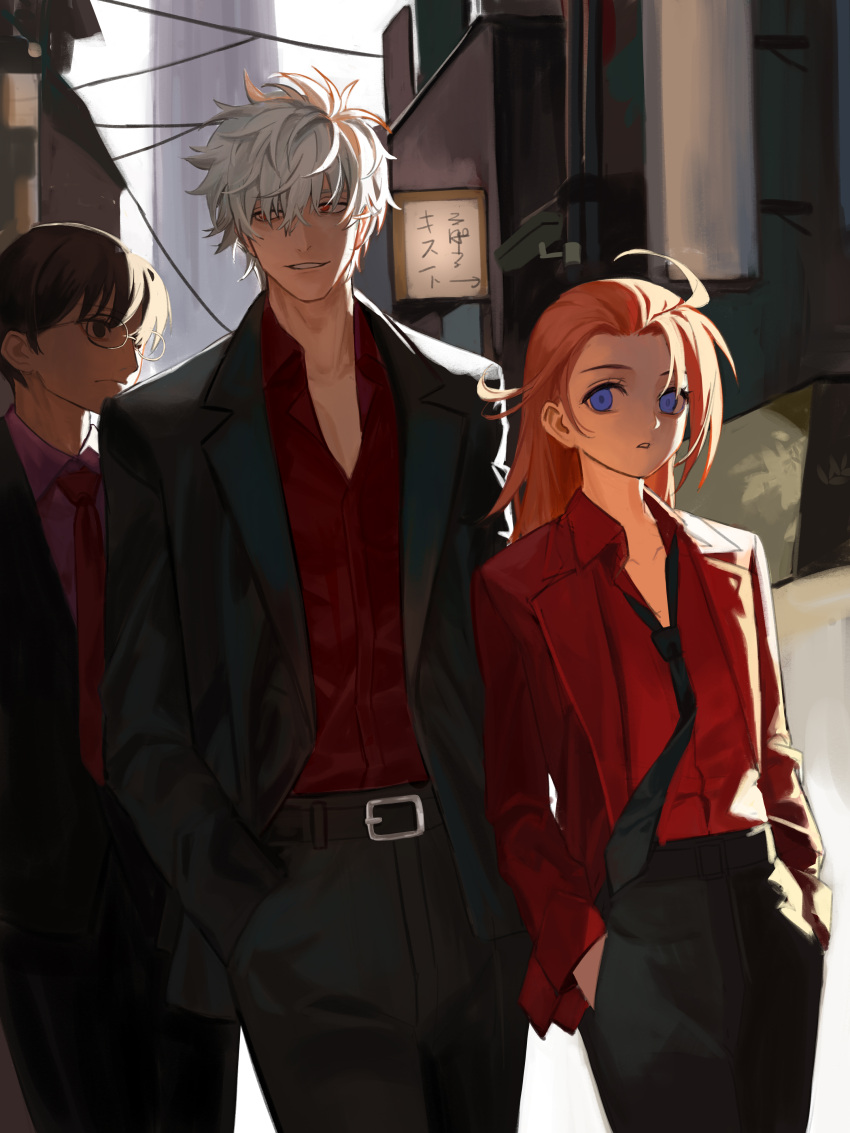 1girl 2boys absurdres arrow_(symbol) bangs black_eyes black_hair black_jacket black_necktie black_pants blue_eyes closed_mouth collared_shirt commentary_request dress_shirt eyebrows_behind_hair formal gintama glasses hair_between_eyes highres jacket katsura_kotarou looking_at_viewer multiple_boys necktie open_clothes open_jacket orange_hair outdoors pants parted_lips red_eyes red_jacket red_shirt sakata_gintoki shimura_shinpachi shirt suit translation_request white_hair white_shirt yuhuan