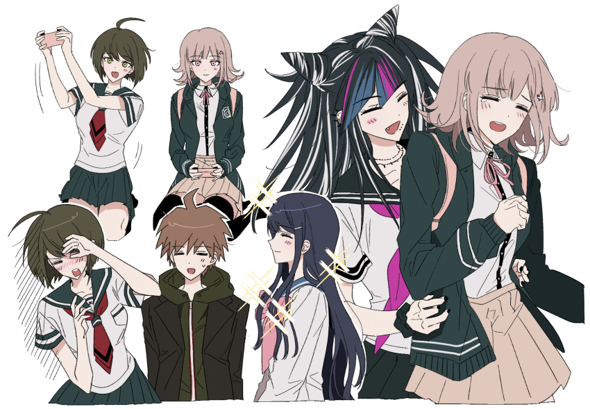 1boy 4girls :d bangs black_hair black_jacket black_nails black_sailor_collar blue_hair blush bow bowtie brown_hair danganronpa:_trigger_happy_havoc danganronpa_(series) danganronpa_2:_goodbye_despair danganronpa_another_episode:_ultra_despair_girls dress_shirt eyebrows_visible_through_hair fang galaga hair_horns highres hood hood_down jacket laughing long_hair maizono_sayaka mioda_ibuki multicolored_hair multiple_girls naegi_komaru naegi_makoto nail_polish nanami_chiaki neck_ribbon necktie open_clothes open_jacket pink_bow pink_bowtie pink_hair pink_ribbon playing_games pleated_skirt red_necktie ribbon sailor_collar school_uniform scrunchie seiza serafuku shirt sitting skirt smile sparkle sweatdrop tearing_up tickling vo1ez white_hair white_shirt wrist_scrunchie