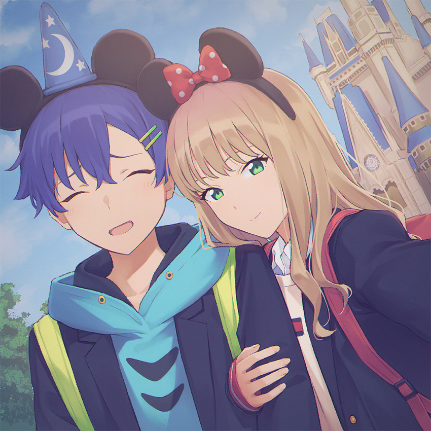1boy 1girl :d ^_^ arm_hug asanaka_yomogi bangs black_jacket blue_hair blue_headwear blue_hoodie blue_sky blush bow brown_hair castle closed_eyes closed_mouth cloud cloudy_sky collared_shirt commentary_request crescent_moon day disneyland eyebrows_behind_hair facing_viewer green_eyes gridman_universe hair_between_eyes hair_ornament hairclip hat hood hood_down hoodie jacket long_hair long_sleeves looking_at_viewer mickey_mouse_ears mikazuchi_zeus minami_yume moon open_clothes open_jacket outdoors polka_dot polka_dot_bow print_headwear red_bow selfie shirt sky sleeves_past_wrists smile ssss.dynazenon star_(symbol) star_print sweater_vest upper_body white_shirt wizard_hat