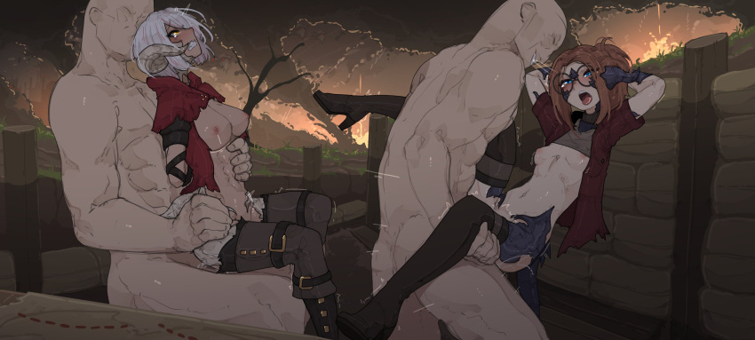 2boys 2girls abs ambiguous_penetration arms_behind_back arms_behind_head au_ra bald black_footwear boots breasts brown_eyes brown_footwear clenched_teeth completely_nude dragon_horns dragon_tail faceless faceless_male final_fantasy final_fantasy_xiv from_side glasses grey_hair hetero highres holding_person horns leg_up looking_up multiple_boys multiple_girls navel nipples nude on_lap outdoors rape round_eyewear scales sex short_hair shuuko_(s_h_uuko) sitting small_breasts tail teeth thigh_boots thighhighs tongue tongue_out trembling