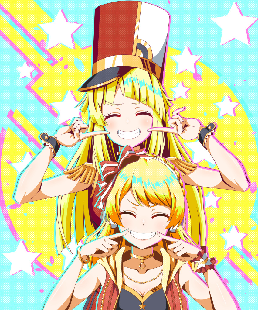 2girls :d ^_^ absurdres aimoto_rinku bang_dream! bangle bangs behind_another blonde_hair blush bow bracelet braid breasts choker cleavage clenched_teeth closed_eyes commentary company_connection crossover crown_braid d4dj diagonal_bangs epaulettes eyelashes fingers_to_mouth fingersmile gold_choker hair_bow hat headphones highres hood hood_down hooded_vest hoodie jewelry leaning_to_the_side lips long_hair medium_breasts multiple_girls necklace parted_lips polka_dot polka_dot_background shako_cap sidelocks sleeveless sleeveless_hoodie smile standing star_(symbol) swept_bangs tanny_v teeth trait_connection tsurumaki_kokoro upper_body vest wrist_cuffs