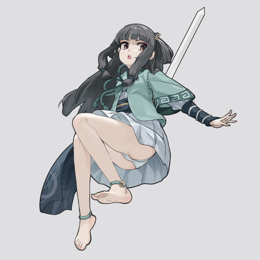 1girl ankle_bell anklet ass bangs barefoot bell black_hair brown_eyes eyebrows_visible_through_hair grey_background hakama hakama_skirt haori highres japanese_clothes jewelry jingle_bell long_hair obi open_clothes open_mouth original outstretched_arm panties pleated_skirt sash shirt short_sleeves simple_background skirt soles solo sword too-ye underwear v-shaped_eyebrows very_long_hair weapon white_panties white_shirt white_skirt wide_sleeves