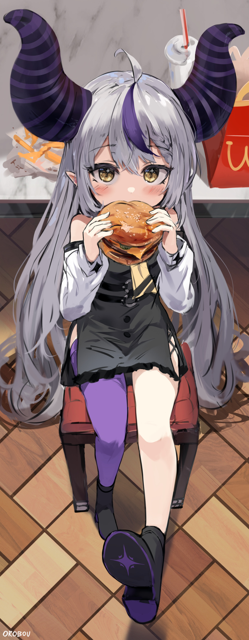 1girl absurdly_long_hair absurdres ahoge artist_name bangs bare_shoulders black_dress black_footwear blush boots burger chair demon_girl demon_horns detached_sleeves dress drink drinking_straw eating eyebrows_visible_through_hair food french_fries full_body hair_between_eyes happy_meal highres holding holding_food hololive horns indoors la+_darknesss long_hair long_sleeves looking_at_viewer multicolored_hair orobou pointy_ears purple_hair purple_legwear shoes silver_hair single_thighhigh sitting solo streaked_hair striped_horns table thighhighs tile_floor tiles two-tone_hair very_long_hair virtual_youtuber wcdonalds yellow_eyes