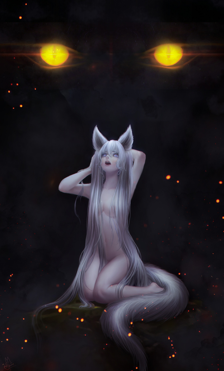 1girl alqmia animal_ears areolae arm_behind_head arms_up bangs breasts cleavage commentary completely_nude crying dark elin eye_focus fangs fog fox_ears fox_tail hair_between_eyes hair_over_breasts hand_on_own_head highres kneeling light_particles long_hair looking_away looking_up navel nude open_mouth plantar_flexion purple_eyes slit_pupils solo_focus tail tera_online very_long_hair white_hair yellow_eyes