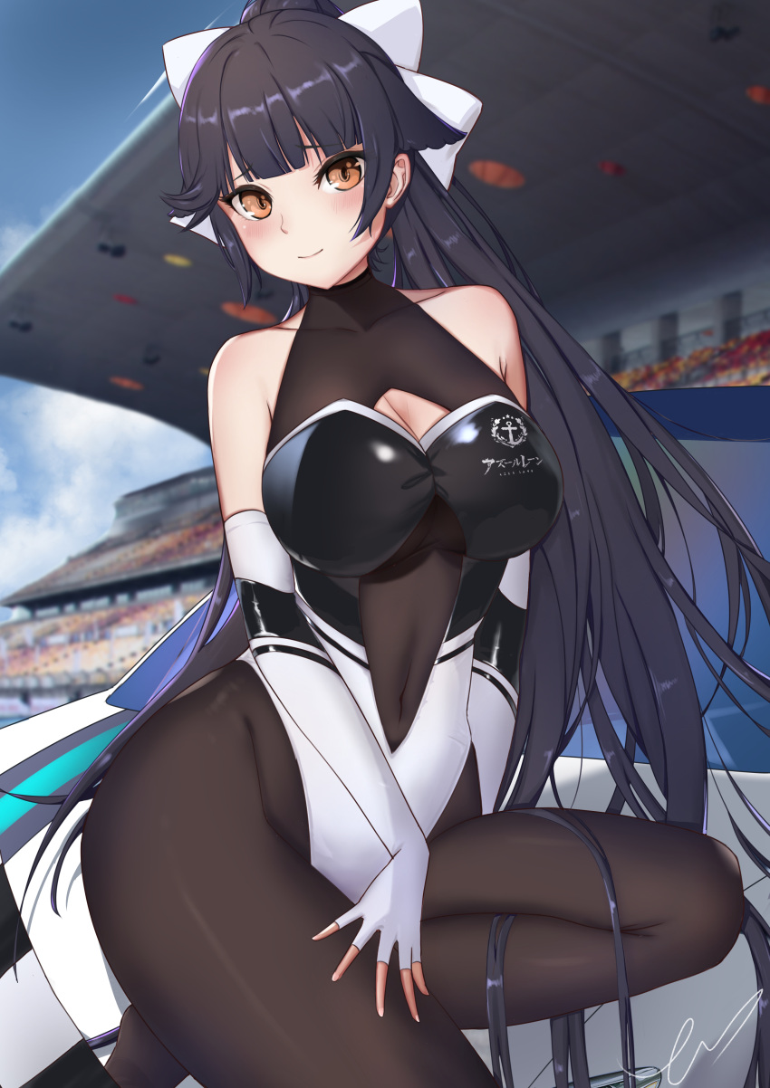 1girl absurdres azur_lane bangs black_hair black_leotard blush bow breasts brown_legwear collarbone covered_navel error1945 hair_flaps highleg highleg_leotard highres large_breasts leotard long_hair looking_at_viewer navel open_mouth pantyhose ponytail solo takao_(azur_lane) thighs two-tone_leotard white_bow white_leotard