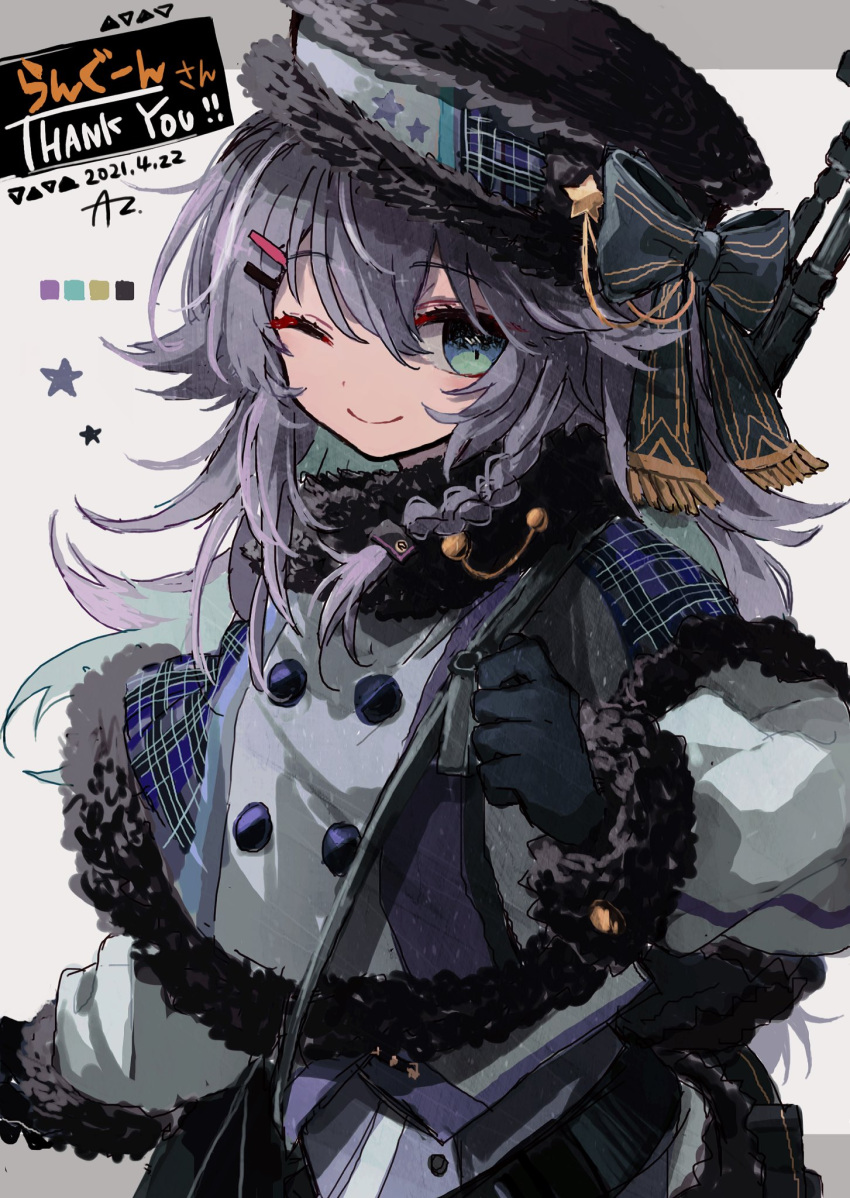 1girl aqua_eyes azzz_(7334080) black_gloves black_headwear bow braid commission dated gloves grey_hair hair_ornament hairclip hat hat_bow highres long_hair long_sleeves nijisanji nijisanji_kr nun_bora one_eye_closed second-party_source shadow skeb_commission solo star_(symbol) thank_you upper_body virtual_youtuber