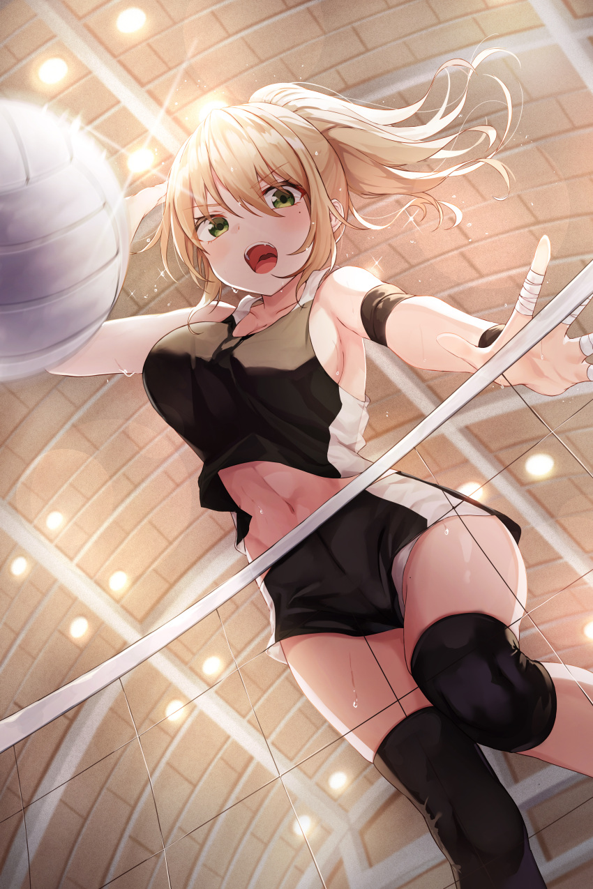 1girl :o absurdres armband armpits bandaged_fingers bandages bare_arms bare_shoulders black_shirt black_shorts blonde_hair breasts commentary crop_top green_eyes highres holding knee_pads large_breasts long_hair looking_at_viewer midriff minari_(lmina09) mole mole_under_eye navel open_mouth original panties panty_peek ponytail shirt short_shorts shorts sideboob sleeveless sleeveless_shirt solo sportswear stomach sweat sweatband thighs underwear v-shaped_eyebrows volleyball volleyball_net volleyball_uniform white_panties