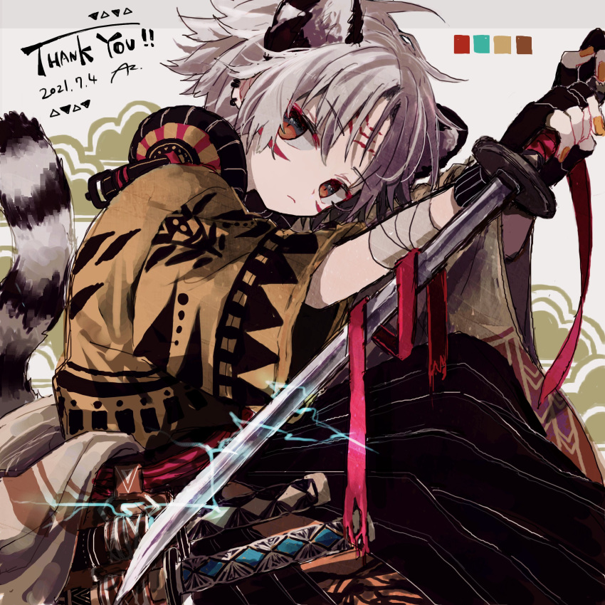 1girl absurdres animal_ears azzz_(7334080) black_gloves brown_shirt dated eyebrows_visible_through_hair feet_out_of_frame fingerless_gloves gloves glowing grey_hair highres holding holding_sword holding_weapon lightning long_sleeves looking_at_viewer original print_shirt second-party_source serious shirt signature solo sword tail thank_you upper_body weapon