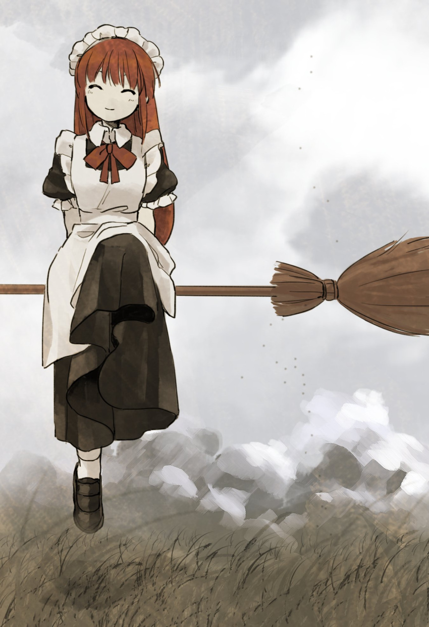 1girl apron black_dress black_footwear bow bowtie breasts broom broom_riding closed_eyes closed_mouth dress frilled_apron frilled_sleeves frills highres kaigen_1025 long_hair maid maid_apron maid_headdress puffy_short_sleeves puffy_sleeves red_bow red_bowtie red_hair seihou short_sleeves small_breasts smile socks very_long_hair vivit white_apron