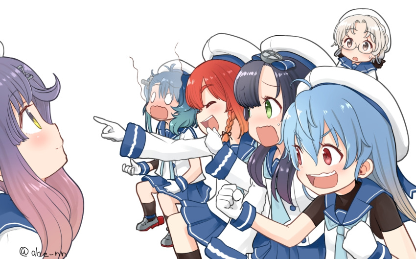 6+girls ahenn blue_hair blue_sailor_collar blue_skirt blush braid brown_eyes closed_eyes closed_mouth commentary_request etorofu_(kancolle) fukae_(kancolle) gaijin_4koma glasses gloves gradient_hair green_eyes hair_between_eyes hair_ribbon hat hirato_(kancolle) kantai_collection long_hair long_sleeves looking_up matsuwa_(kancolle) meme multicolored_hair multiple_girls open_mouth pink_hair pleated_skirt pointing purple_hair red_eyes red_hair ribbon sado_(kancolle) sailor_collar school_uniform serafuku short_sleeves side_braids simple_background skirt sweat tsushima_(kancolle) undershirt white_background white_gloves white_headwear yellow_eyes