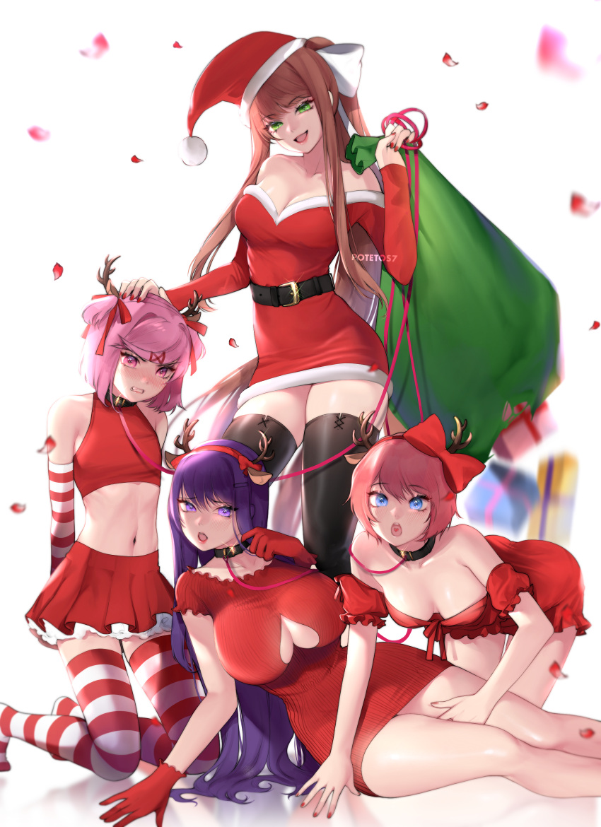4girls :d absurdres all_fours artist_name bangs bare_shoulders belt black_legwear blue_eyes blush bow breasts brown_hair character_cutout christmas christmas_lights christmas_ornaments christmas_tree cleavage clenched_teeth clothing_cutout collar collarbone detached_sleeves doki_doki_literature_club elbow_gloves eyebrows_visible_through_hair fake_antlers fang gift gloves green_eyes hair_between_eyes hair_bow hair_ornament hair_ribbon hairclip hand_on_another's_head hat heart heart_cutout heart_in_mouth highres kneeling large_breasts leash long_hair long_sleeves looking_at_viewer medium_breasts merry_christmas monika_(doki_doki_literature_club) multiple_girls natsuki_(doki_doki_literature_club) open_mouth petals pink_eyes pink_hair ponytail potetos7 purple_eyes purple_hair red_bow red_gloves red_nails red_ribbon revealing_clothes ribbon sack santa_costume santa_hat sayori_(doki_doki_literature_club) short_hair sidelocks simple_background single_glove skirt small_breasts smile striped striped_gloves striped_legwear teeth thighhighs tsundere twintails two_side_up very_long_hair watermark white_ribbon yuri_(doki_doki_literature_club)