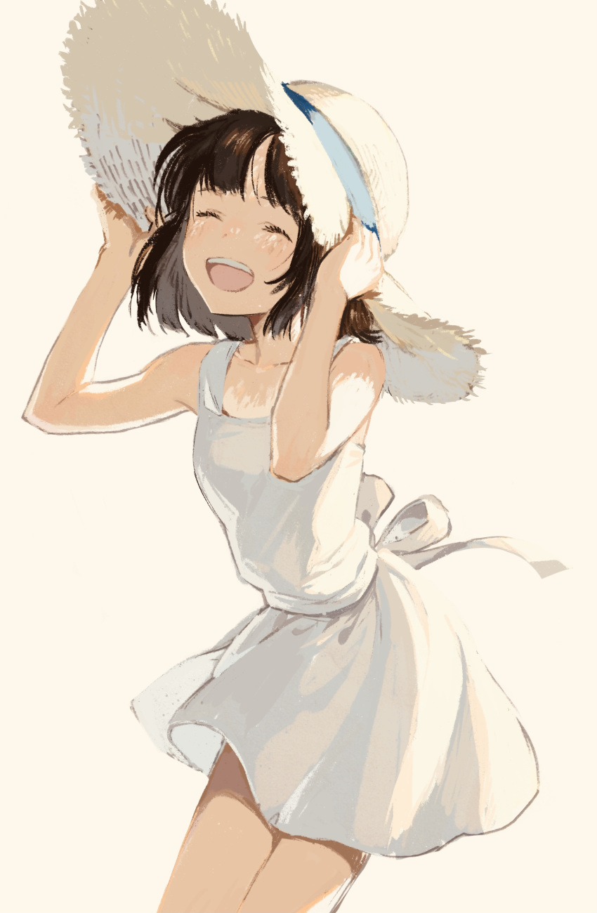 1girl absurdres bare_arms brown_background brown_hair closed_eyes commentary_request cowboy_shot dress hana_moto hands_up hat highres open_mouth original short_hair simple_background sleeveless sleeveless_dress smile solo straw_hat sun_hat teeth upper_teeth white_dress white_headwear