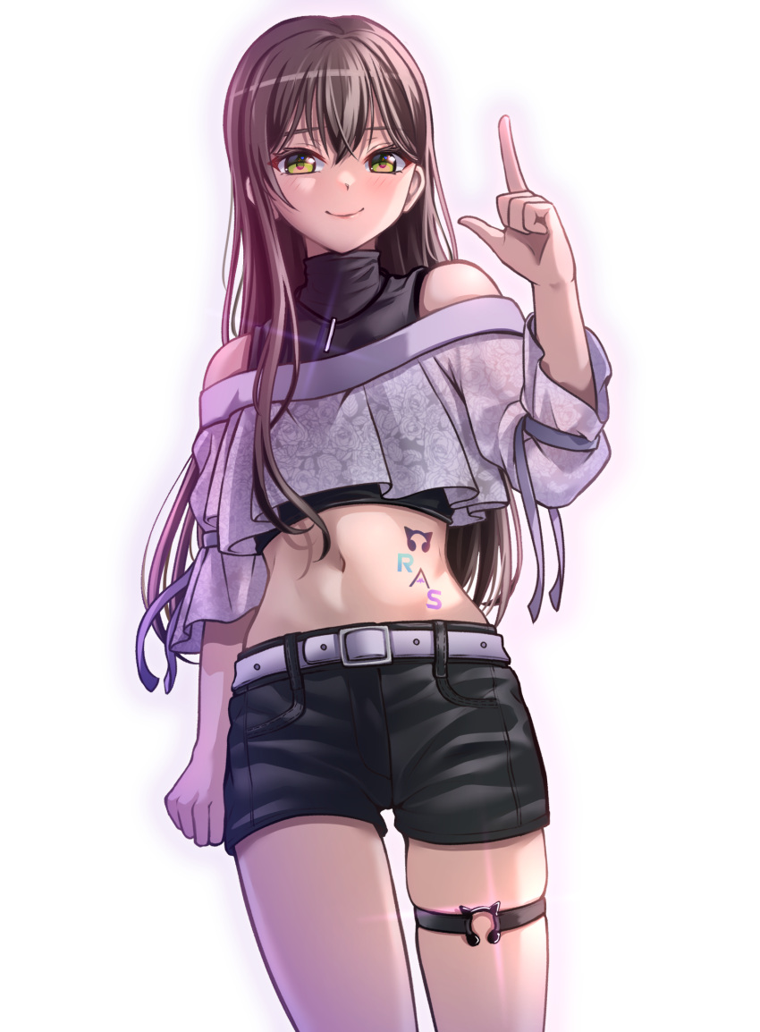 1girl arm_ribbon bang_dream! bangs bare_shoulders belt black_hair black_shirt black_shorts blush body_writing closed_mouth commentary cowboy_shot crop_top cropped_shirt eyebrows_visible_through_hair green_eyes group_name hair_between_eyes hanazono_tae highres index_finger_raised long_hair looking_at_viewer midriff navel off-shoulder_shirt off_shoulder ptal ribbon shirt short_shorts shorts sidelocks simple_background skindentation sleeveless sleeveless_shirt smile solo thigh_strap turtleneck undershirt white_background white_belt white_shirt