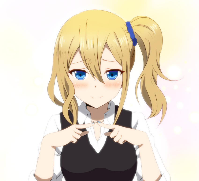 1girl bangs black_shirt blonde_hair blue_eyes blue_scrunchie blush breasts collared_shirt hair_between_eyes hair_ornament hayasaka_ai index_fingers_together kaguya-sama_wa_kokurasetai_~tensai-tachi_no_renai_zunousen~ large_breasts long_sleeves looking_at_viewer miracle_(miracle1980) scrunchie shiny shiny_hair shirt side_ponytail sidelocks smile solo upper_body white_shirt