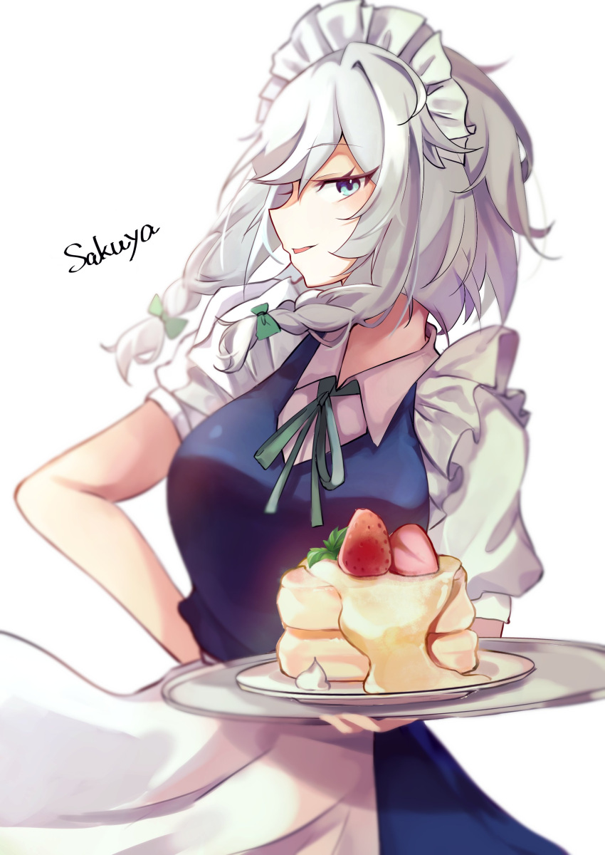 1girl absurdres apron blue_dress blue_eyes braid breasts cake collared_shirt commentary dress eyebrows_visible_through_hair eyelashes eyes_visible_through_hair food fruit green_neckwear green_ribbon highres holding holding_tray izayoi_sakuya maid maid_headdress medium_breasts medium_hair open_mouth puffy_short_sleeves puffy_sleeves ribbon saki_(14793221) shirt short_sleeves silver_hair simple_background strawberry touhou tray twin_braids waist_apron white_apron white_background white_shirt