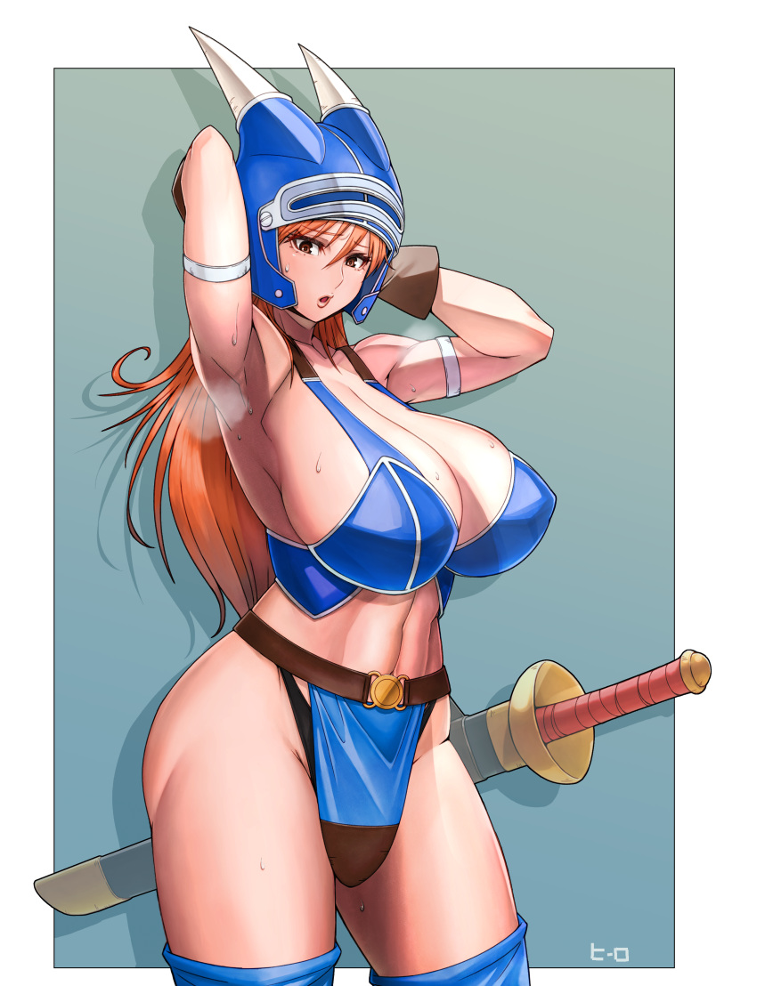 1girl absurdres armlet armor armpits blue_armor breasts brown_eyes brown_gloves brown_hair daisy_(dq) dragon_quest dragon_quest_yuusha_abel_densetsu fake_horns gloves helmet hero_(do-belman) highres horned_helmet horns large_breasts long_hair looking_at_viewer open_mouth solo sword warrior weapon