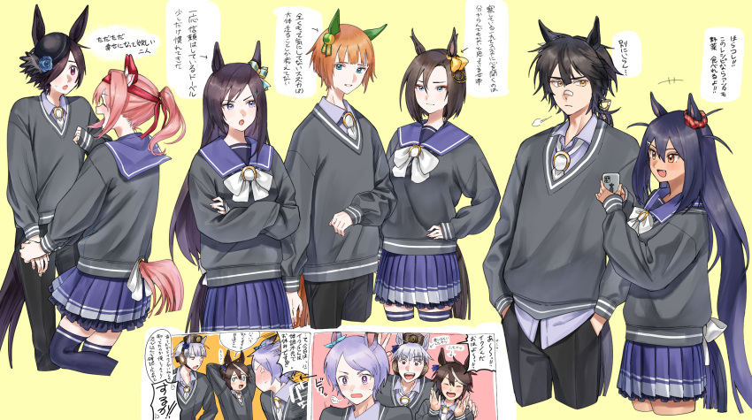 4girls 6+boys adapted_uniform air_groove_(umamusume) alternate_hairstyle animal_ears aqua_eyes bandaid bandaid_on_nose bangs blue_eyes blue_flower blue_rose bow bowtie brown_hair commentary crossed_arms dark-skinned_female dark_skin ear_bow ear_covers flower genderswap genderswap_(ftm) gold_ship_(umamusume) hair_flaps hair_ornament hair_over_one_eye hands_in_pockets haru_urara_(umamusume) hat hat_flower headband headgear high_ponytail highres hishi_amazon_(umamusume) horse_boy horse_ears horse_girl long_hair long_sleeves mejiro_dober_(umamusume) mejiro_mcqueen_(umamusume) multicolored_hair multiple_boys multiple_girls narita_brian_(umamusume) necktie orange_hair pants pillbox_hat pink_hair pleated_skirt purple_eyes purple_hair purple_skirt rice_shower_(umamusume) rose school_uniform scrunchie short_hair silence_suzuka_(umamusume) silver_hair skirt speech_bubble streaked_hair sweater tail tail_through_clothes tamayume tilted_headwear tokai_teio_(umamusume) tracen_school_uniform translation_request two-tone_hair umamusume visible_air white_bow white_bowtie white_hair white_necktie winter_uniform yellow_background yellow_eyes