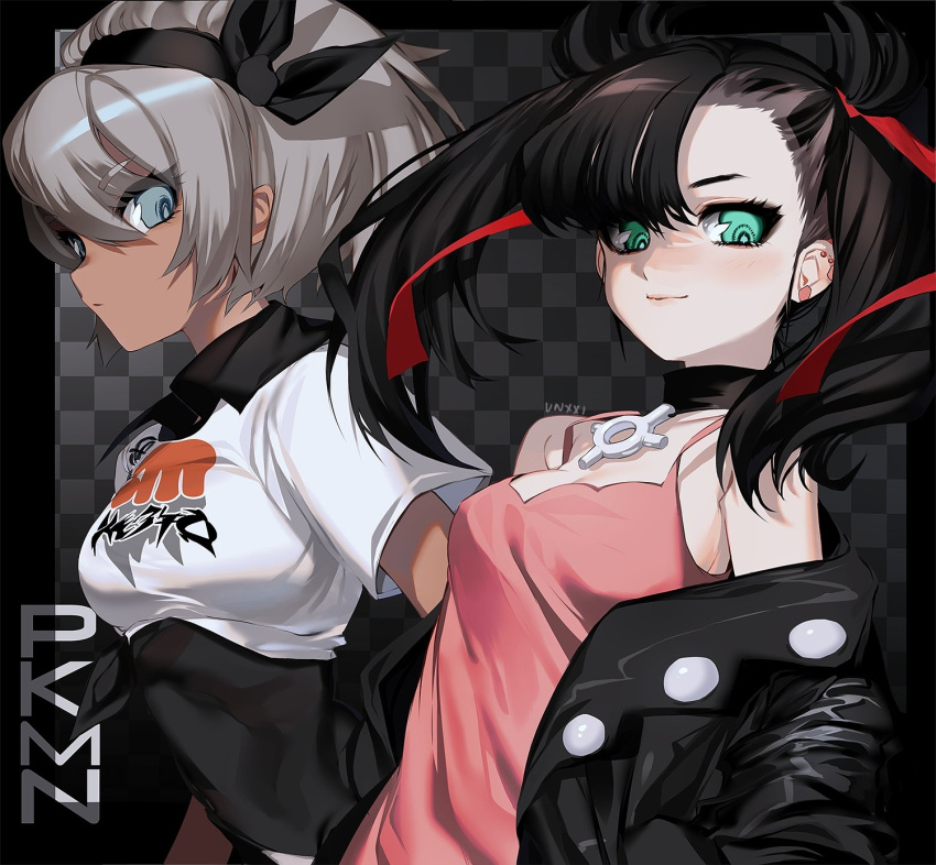 2girls aqua_eyes artist_name asymmetrical_bangs asymmetrical_hair bangs bea_(pokemon) black_bodysuit black_choker black_hair black_hairband black_jacket bodysuit bodysuit_under_clothes bow_hairband checkered checkered_background choker collared_shirt dress earrings grey_eyes grey_hair hair_between_eyes hair_ribbon hairband highres jacket jewelry marnie_(pokemon) medium_hair multiple_girls open_clothes open_jacket pink_dress pokemon pokemon_(game) pokemon_swsh print_shirt red_ribbon ribbon shirt short_hair short_sleeves simple_background unxi