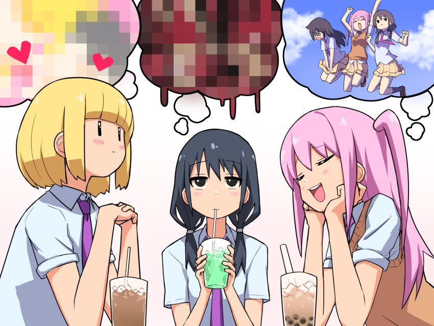 3girls black_eyes black_hair blonde_hair blush cardigan censored closed_eyes closed_mouth collared_shirt cup drinking drinking_glass drinking_straw heart highres holding holding_cup imagining kirara_jump kuroki_tomoko long_hair low_twintails mosaic_censoring multiple_girls necktie nemoto_hina open_mouth pink_hair purple_necktie school_uniform shirt short_hair short_sleeves smile tamura_yuri teeth thought_bubble twintails two_side_up uchi_emiri upper_teeth watashi_ga_motenai_no_wa_dou_kangaetemo_omaera_ga_warui! white_shirt yachima_tana