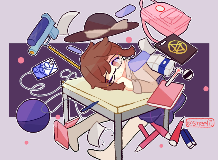 1girl backpack bag brown_hair cellphone desk earphones eraser glasses gun hexagram ipad no_shoes notebook occult_ball one_eye_closed paper phone plaid plaid_skirt school_desk school_uniform skirt smartphone smartphone_case smeef0 socks star_of_david tablet_pc touhou usami_sumireko waking_up weapon