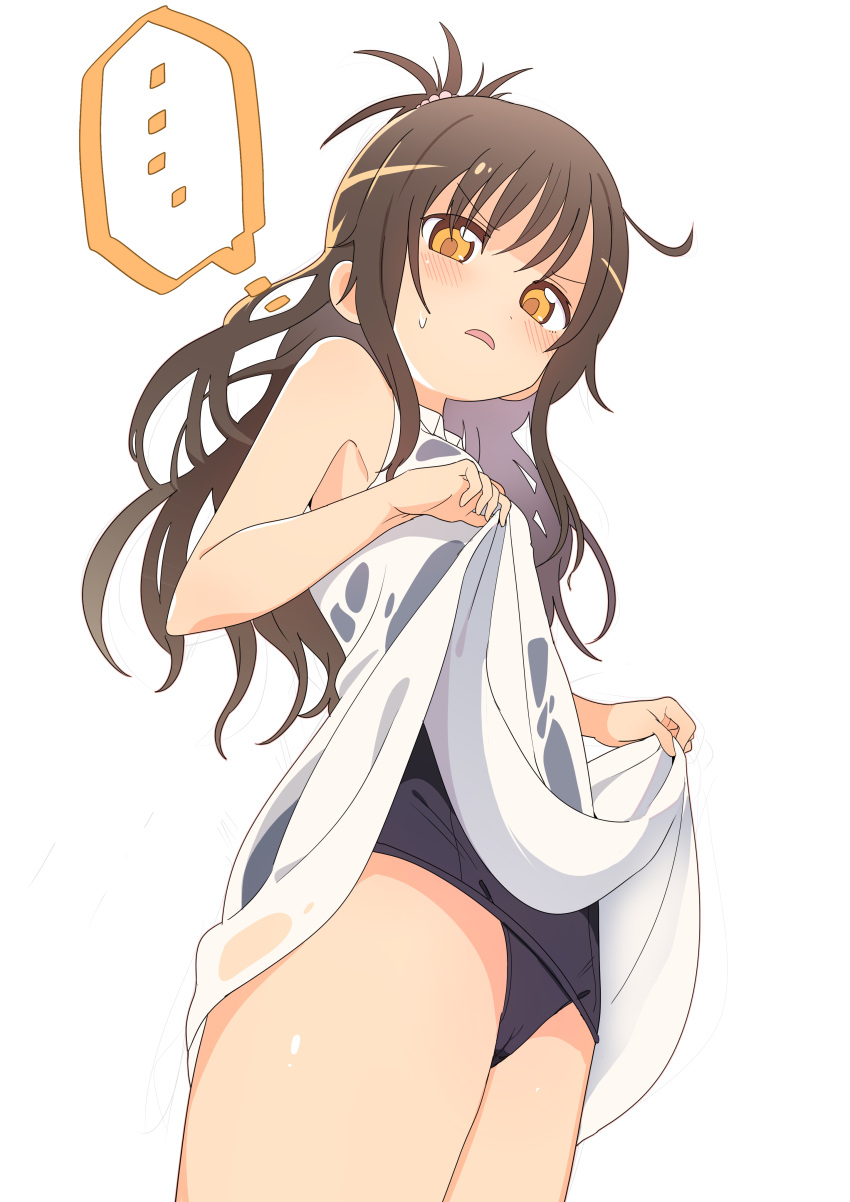 ... 1girl absurdres bangs bare_arms bare_shoulders black_swimsuit blush brown_hair clothes_lift commentary_request dress dress_lift eyebrows_visible_through_hair highres lifted_by_self long_hair looking_at_viewer luke_(dydansgur) old_school_swimsuit one-piece_swimsuit orange_eyes parted_lips school_swimsuit see-through simple_background sleeveless sleeveless_dress solo spoken_ellipsis sweat swimsuit swimsuit_under_clothes to_love-ru v-shaped_eyebrows very_long_hair wet wet_clothes wet_dress white_background white_dress yuuki_mikan